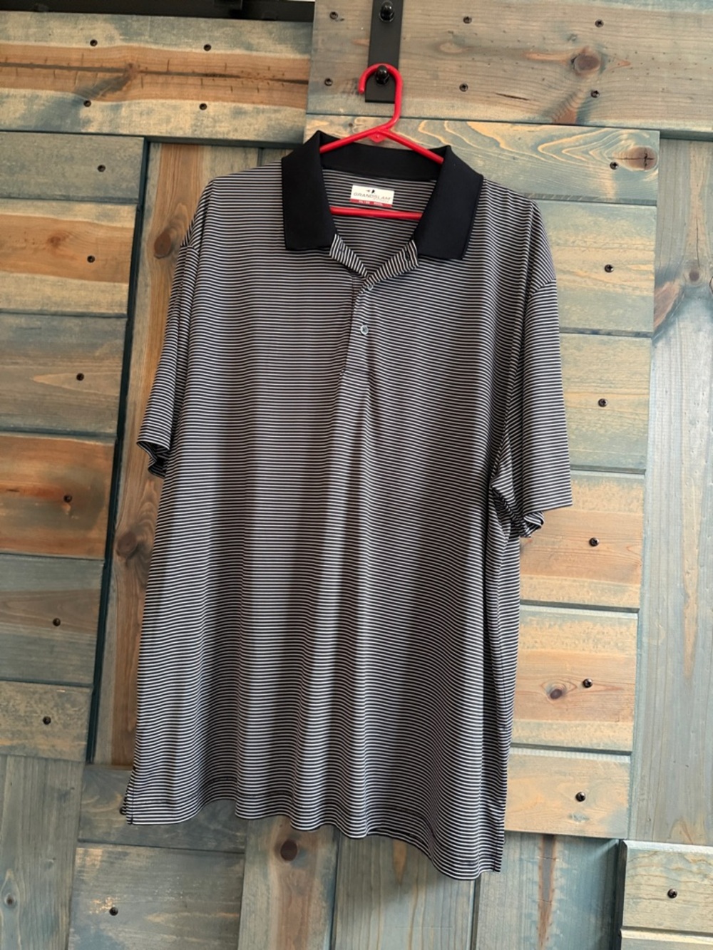 Men's Black & White Striped Polo Shirt with Black Collar